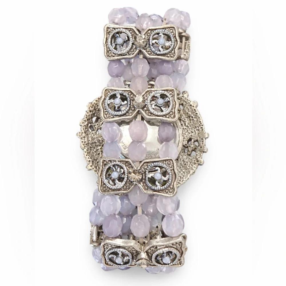 Vintage-Inspired Lavender Beaded Bracelet Watch with Amber Crystals - Picture 2 of 3